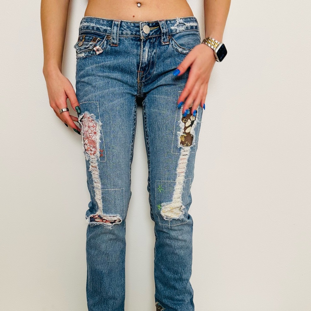 True Religion Low Rise Vintage Boho Patchwork Skinny Distressed Blue Jeans - Picture 7 of 16
